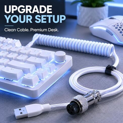 1.5m Coiled Keyboard Cable,USB C to USB A TPU Cable, Detachable Metal Aviator Plug,Mechanical Gaming Keyboard Cord, White, High-Speed Data Transmission & Durable in Kuwait