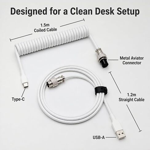 1.5m Coiled Keyboard Cable,USB C to USB A TPU Cable, Detachable Metal Aviator Plug,Mechanical Gaming Keyboard Cord, White, High-Speed Data Transmission & Durable in Kuwait