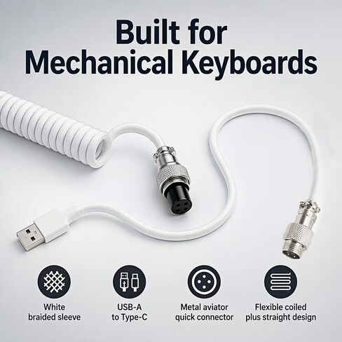 1.5m Coiled Keyboard Cable,USB C to USB A TPU Cable, Detachable Metal Aviator Plug,Mechanical Gaming Keyboard Cord, White, High-Speed Data Transmission & Durable in Kuwait