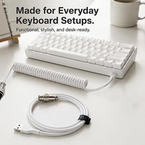1.5m Coiled Keyboard Cable,USB C to USB A TPU Cable, Detachable Metal Aviator Plug,Mechanical Gaming Keyboard Cord, White, High-Speed Data Transmission & Durable in Kuwait
