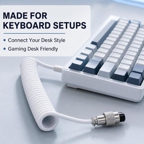 1.5m Coiled Keyboard Cable,USB C to USB A TPU Cable, Detachable Metal Aviator Plug,Mechanical Gaming Keyboard Cord, White, High-Speed Data Transmission & Durable in Kuwait