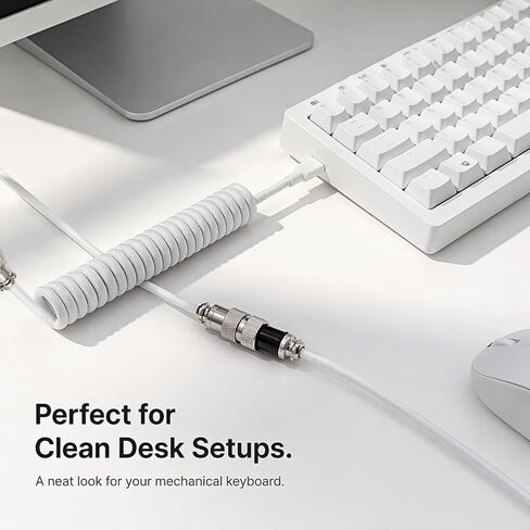 1.5m Coiled Keyboard Cable,USB C to USB A TPU Cable, Detachable Metal Aviator Plug,Mechanical Gaming Keyboard Cord, White, High-Speed Data Transmission & Durable in Kuwait