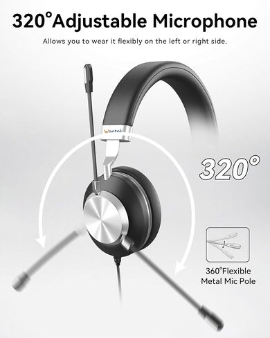 Wantek USB Headset with Microphone for PC, On-Ear Computer Laptop Headphones with Noise Cancelling Mic, Mute, Volume Control for Work, Teams, Zoom, Online Meetings, Home Office (USB+USB-C+3.5mm) in Kuwait