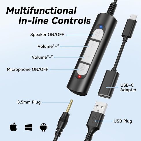 Wantek USB Headset with Microphone for PC, On-Ear Computer Laptop Headphones with Noise Cancelling Mic, Mute, Volume Control for Work, Teams, Zoom, Online Meetings, Home Office (USB+USB-C+3.5mm) in Kuwait