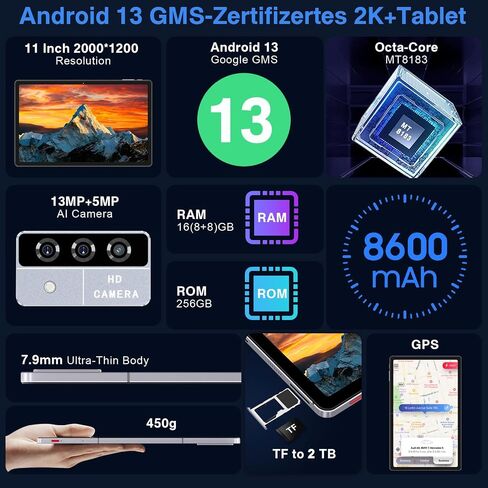 Oangcc 11 Inch Android 13 Tablet, 16GB RAM+256GB ROM+2TB Expand, Octa-Core Tablets with Keyboard & Mouse, 8600mAh, 2K Display 2000x1200, Quad Speakers, 13MP Triple Camera, Split Screen, GPS (Gray) in Kuwait