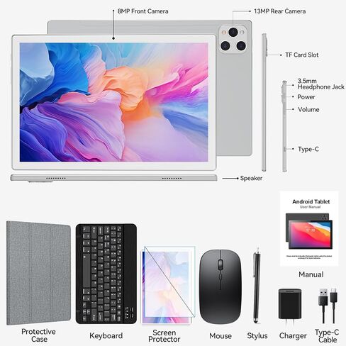 10 Inch Android Tablet, 16GB + 128GB, 2 in 1 Silver with Keyboard Kit in Kuwait