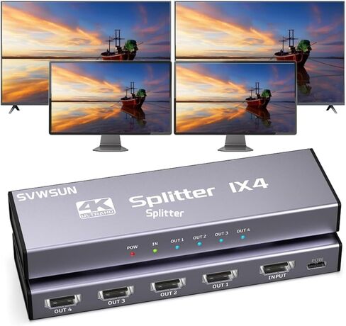 HDMI Splitter 1 in 4 Out, 4K@30Hz HDMI Splitter 1x4 Support 3D 1080P Full HD Compatible with PS5/4/3 Xbox Nintendo Roku HDTV Fire Stick Blu-ray - Silver (Only Mirrors Screens) in Kuwait