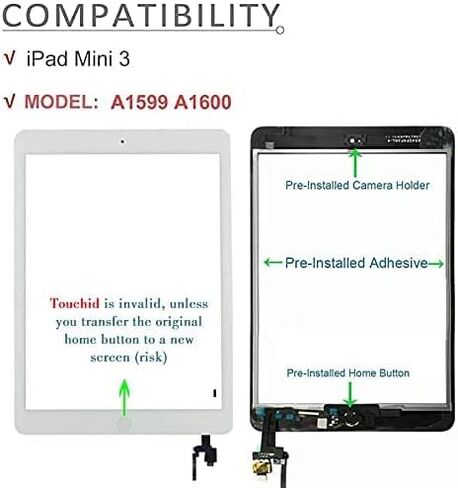 Digitizer Screen Replacement for IPAD 7.9" Mini 3 3rd Genreation A1599 A1600 IC Connector with Home Button,(Not Include LCD) +Pre-Installed Adhesive + Tools (White) in Kuwait