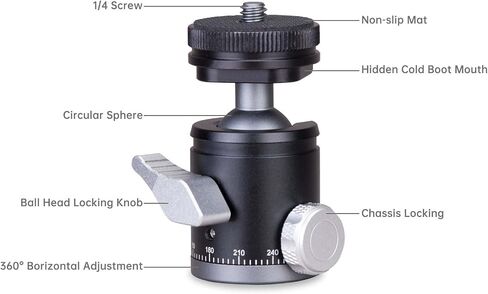 B19 Mini Ball Head with Hot Shoe Mount, Aluminum Alloy, 1/4" Standard Screw, 360 Degree Rotation, 30mm x 64mm, Black in Kuwait