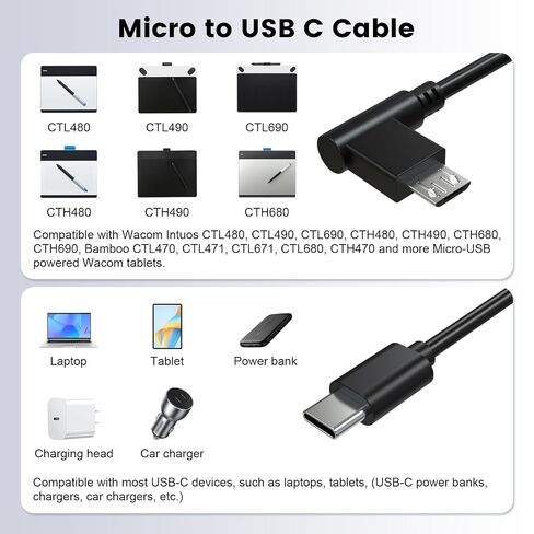 Micro USB to USB-C Replacement Data Sync & Fast Charging Cord Compatible with Wacom Intuos CTL480 CTL490 CTL690 CTH480 CTH680 CTH690, Bamboo CTL470 CTL471 CTL671 CTL680 CTH470 Drawing Tablet 6FT Black in Saudi Arabia