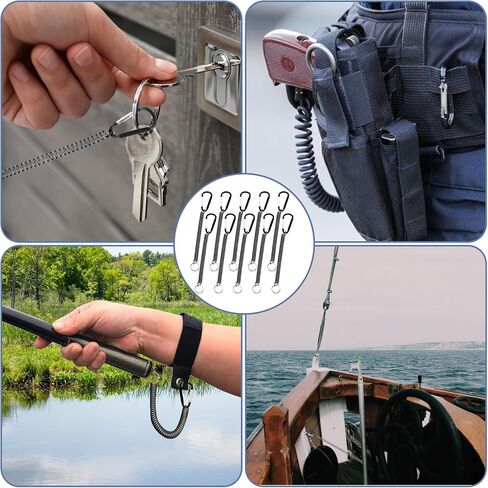 6 PCS Black Fishing Lanyards, Heavy Duty Retractable Coiled Lanyard Spring Coil Cord Keychain, Fishing Tool Tether Steel Wire Coiled Lanyard with Keychain for Pliers Boating Kayak Pliers Boating in Saudi Arabia
