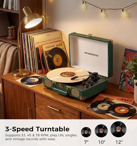 Dark Green Bluetooth Suitcase Record Player, 3-Speed Turntable in Kuwait