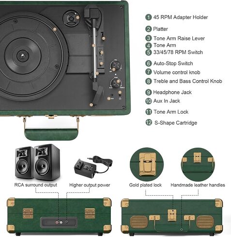 Dark Green Bluetooth Suitcase Record Player, 3-Speed Turntable in Kuwait