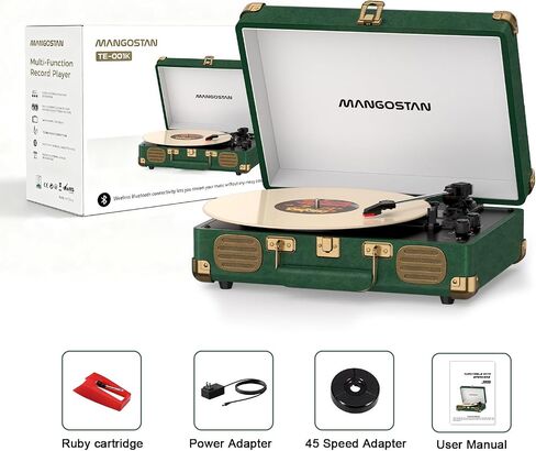 Dark Green Bluetooth Suitcase Record Player, 3-Speed Turntable in Kuwait
