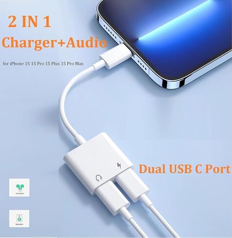 Dual USB C Headphone and Charger Adapter for iPhone 16,Dual USB C AUX + Charger Dongle Splitter Adapter Compatible with iPhone 16/16 Pro/16 Pro Max/15/15Pro/15Pro Max Support Call+Charging( 2Pack) in Saudi Arabia