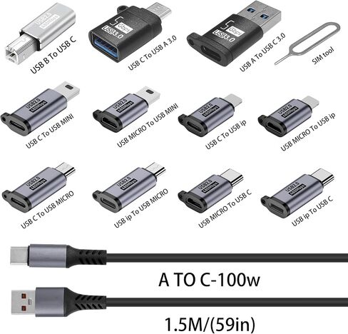 USB Adapter kit, Including USB3.0/USB C/Micro/MINI/IP/Type-C and 11 Other converters and SIM Tools, 1.5-Meter 100W high-Power Data Cable, Mountain Buckle Travel Bag. in Kuwait