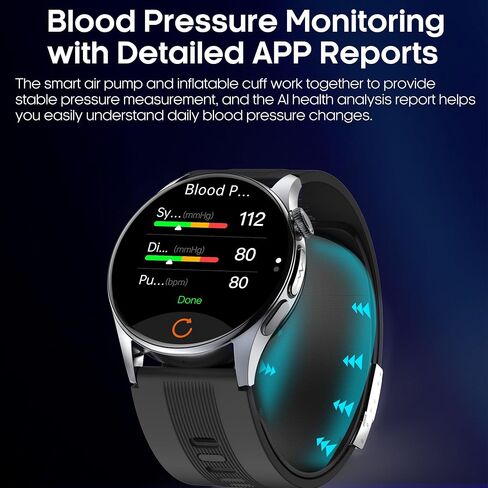 Yowow BIT Blood Pressure Smart Watch with Air Pump and Air Cuff, 1.56'' AMOLED Bluetooth Call Fitness Tracker, 24/7 Heart Rate Monitor Blood Oxygen Temperature Sleep Tracker for Android/iOS in Kuwait