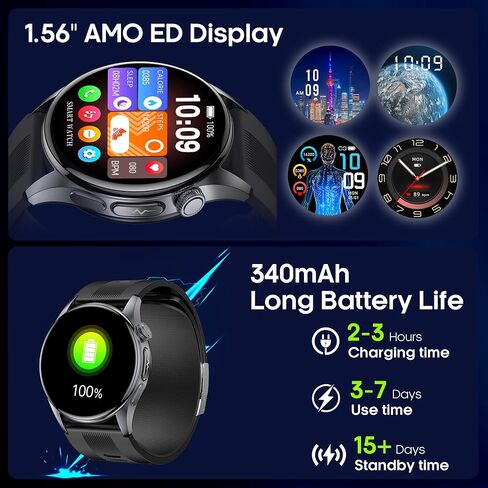 Yowow BIT Blood Pressure Smart Watch with Air Pump and Air Cuff, 1.56'' AMOLED Bluetooth Call Fitness Tracker, 24/7 Heart Rate Monitor Blood Oxygen Temperature Sleep Tracker for Android/iOS in Kuwait