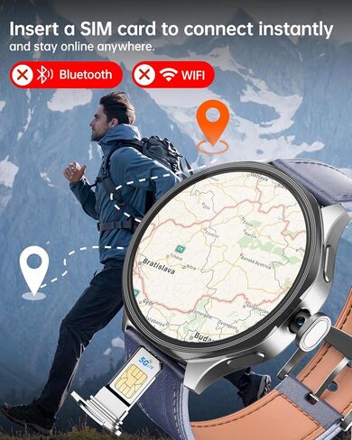 W & O Smart Watch for Men with SIM Card and Camera, Android Smartwatch Phone, 1.73" AMOLED, 180° Rotating Camera,3GB+32GB, Call & Text Without Phone,GPS,Fitness Tracker,Sleep Monitoring (Black) in Kuwait