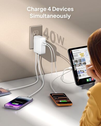 2026 Upgraded 4-in-1 Retractable Wall Charger, 40W Retractable USB-C Charger with 2.6ft Lightning & Type-C Cable, for iPhone 17/16/15, Galaxy, LG, Moto, and Other Devices in Kuwait