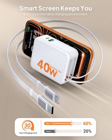 2026 Upgraded 4-in-1 Retractable Wall Charger, 40W Retractable USB-C Charger with 2.6ft Lightning & Type-C Cable, for iPhone 17/16/15, Galaxy, LG, Moto, and Other Devices in Kuwait