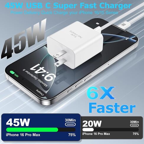 Super Fast Charger USB C, 45W USB C Charger with 6FT Type C to C Cable in Kuwait