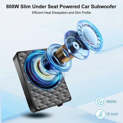 litillbuly 10 Inch 800W Slim Under Seat Car Subwoofer with Built-in Amplifier | High/Low Level Inputs | Remote Bass Control | for Car & Truck Audio | Includes Wiring Kit (Football Design) in Kuwait