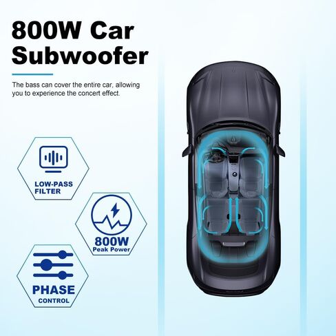litillbuly 10 Inch 800W Slim Under Seat Car Subwoofer with Built-in Amplifier | High/Low Level Inputs | Remote Bass Control | for Car & Truck Audio | Includes Wiring Kit (Football Design) in Kuwait