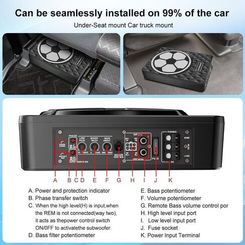 litillbuly 10 Inch 800W Slim Under Seat Car Subwoofer with Built-in Amplifier | High/Low Level Inputs | Remote Bass Control | for Car & Truck Audio | Includes Wiring Kit (Football Design) in Kuwait