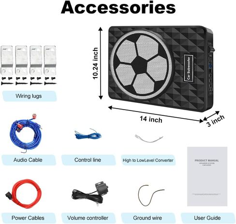 litillbuly 10 Inch 800W Slim Under Seat Car Subwoofer with Built-in Amplifier | High/Low Level Inputs | Remote Bass Control | for Car & Truck Audio | Includes Wiring Kit (Football Design) in Kuwait