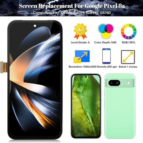 SRJTEK Original for Google Pixel 8A Screen Replacement for Google Pixel 8A GKV4X G6GPR LCD Display for Google Pixel 8A G8HHN G576D Digitizer Touch Screen Assembly Repair Kits (Black,Without Frame in Kuwait