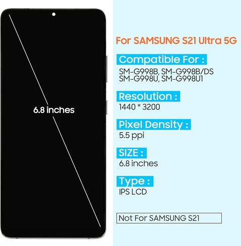 for Samsung Galaxy S21 Ultra 5G Screen Replacement for Galaxy S21 Ultra 5G LCD Display G998 SM-G998U SM-G998A SM-G998W Touchscreen Digitizer Assembly (No Fingerprint,Phantom Silver with Frame) in Kuwait