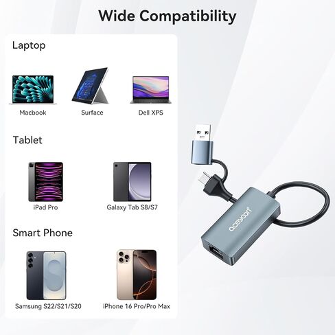 aceyoon USB to Ethernet Adapter 2 in 1 High-Speed USB to Rj45 Adapter Gigabit LAN 1000 Mbps Type C to Ethernet Connector Compatible for iMac, MacBook Pro, iPad Pro, XPS, Windows 11/10/8/7 in Saudi Arabia