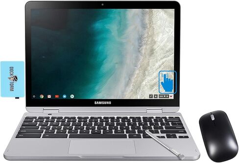 Samsung Chromebook Plus V2 Light Titan 2-in-1 Laptop (Celeron 3965Y, 4GB RAM, 64GB eMMC SSD, Intel HD 615, 12.2" Touch Full HD (1920x1080), Webcam, Chrome OS) with Dock and Wireless Mouse in Kuwait
