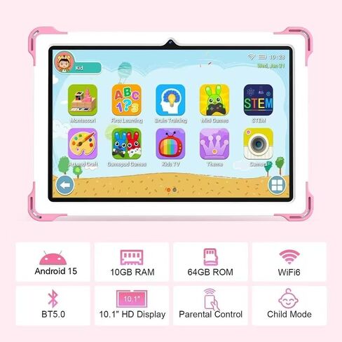 10 Inch Android 15 Kids Tablet, 10GB RAM 64GB ROM, 6000mAh Battery, Parental Control, Iwawa Educational Learning Apps, Tablet for Kids 3-7(Pink) in Kuwait