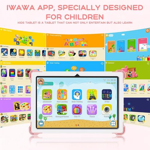 10 Inch Android 15 Kids Tablet, 10GB RAM 64GB ROM, 6000mAh Battery, Parental Control, Iwawa Educational Learning Apps, Tablet for Kids 3-7(Pink) in Kuwait