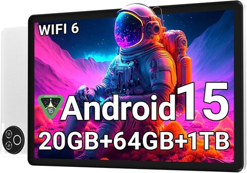 Android 15 Tablet 10 Inch, 20GB RAM 64GB ROM 1TB Expandable, Fast WiFi 6 & BT 5.4 Tablets 5-Core, HD IPS Touchscreen, 8H+ Battery, Dual Camera Portable Tablet for Kids & Adults, Gift, Streaming -White in Kuwait