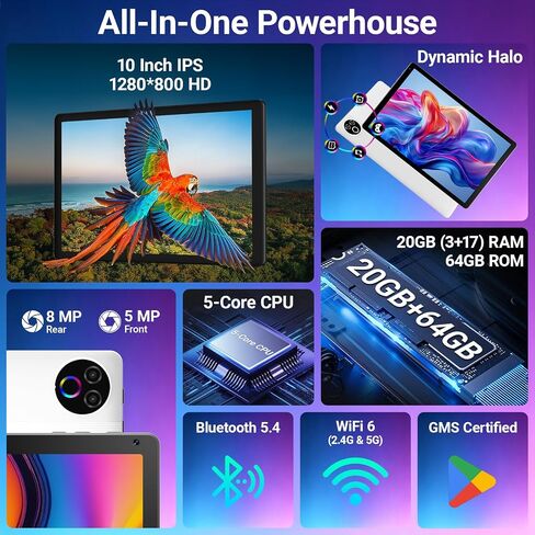Android 15 Tablet 10 Inch, 20GB RAM 64GB ROM 1TB Expandable, Fast WiFi 6 & BT 5.4 Tablets 5-Core, HD IPS Touchscreen, 8H+ Battery, Dual Camera Portable Tablet for Kids & Adults, Gift, Streaming -White in Kuwait