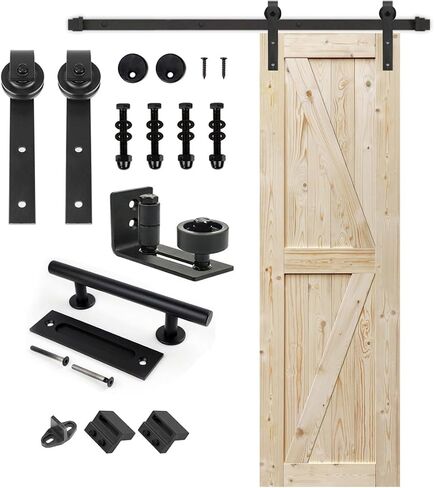 S&Z TOPHAND® 42in x 84in Unfinished British Brace Knotty Barn Door with Sliding Hardware Kit/Solid Wood/Sliding Door/Double Surfaces/A Simple Assembly is Required in Kuwait