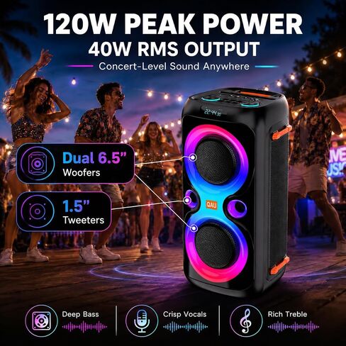 Bluetooth Party Speaker, 120W Peak, Dual 6.5" Woofers, 2 Wireless Mics in Saudi Arabia