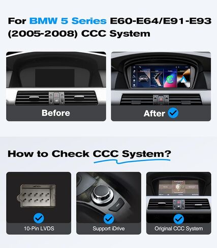 9.3" Touch Screen CarPlay Radio for BMW 5 Series E60 E61 E63 E64 E90 E91 E92 E93 2005-2008 CCC System Upgrade Android Auto Car Multimedias Player Original Stereo iDrive Amplifer Retained in Kuwait