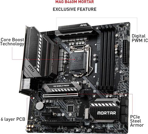 MSI MAG B460M Mortar Gaming Motherboard (mATX, 10th Gen Intel Core, LGA 1200 Socket, DDR4, CFX, Dual M.2 Slots, USB 3.2 Gen 1, 2.5G LAN, DP/HDMI) in Kuwait