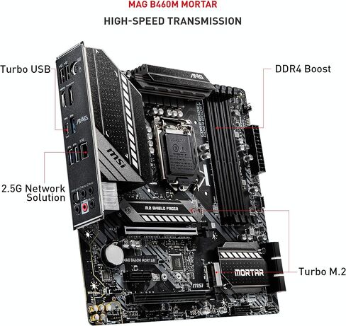 MSI MAG B460M Mortar Gaming Motherboard (mATX, 10th Gen Intel Core, LGA 1200 Socket, DDR4, CFX, Dual M.2 Slots, USB 3.2 Gen 1, 2.5G LAN, DP/HDMI) in Kuwait