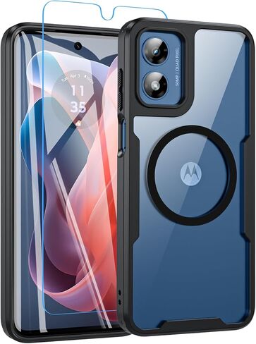BESINPO Magnetic for Moto G Play 2024 Case with Tempered Screen Protector[Compatible with Magsafe][Military Grade Drop Protection] Clear Slim Shockproof Protective Phone Cover-Transparent+Black in Kuwait