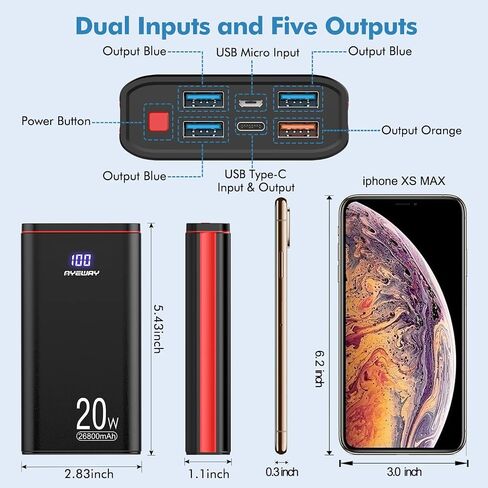 Ayeway Fast Charging Battery Pack 26800mAh Portable Charger with 5 outputs in Kuwait