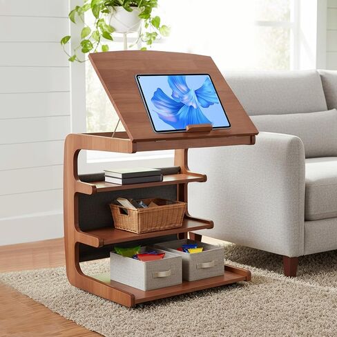 Multi-Layer Storage Rolling Side Table, C Shaped Couch End Table with Edge Stopper & Side Pocket, Mobile Wooden Bedside TV Tray Desk - 23.66" W*18.46" D*24.8" H in Kuwait