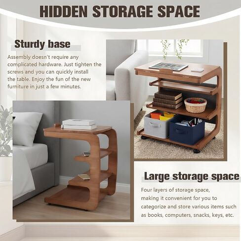 Multi-Layer Storage Rolling Side Table, C Shaped Couch End Table with Edge Stopper & Side Pocket, Mobile Wooden Bedside TV Tray Desk - 23.66" W*18.46" D*24.8" H in Kuwait