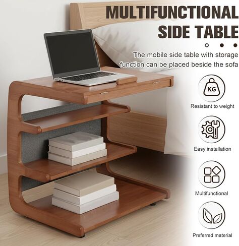 Multi-Layer Storage Rolling Side Table, C Shaped Couch End Table with Edge Stopper & Side Pocket, Mobile Wooden Bedside TV Tray Desk - 23.66" W*18.46" D*24.8" H in Kuwait