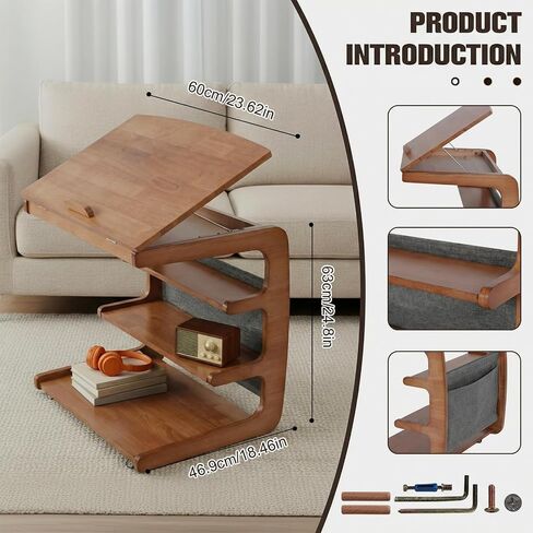 Multi-Layer Storage Rolling Side Table, C Shaped Couch End Table with Edge Stopper & Side Pocket, Mobile Wooden Bedside TV Tray Desk - 23.66" W*18.46" D*24.8" H in Kuwait