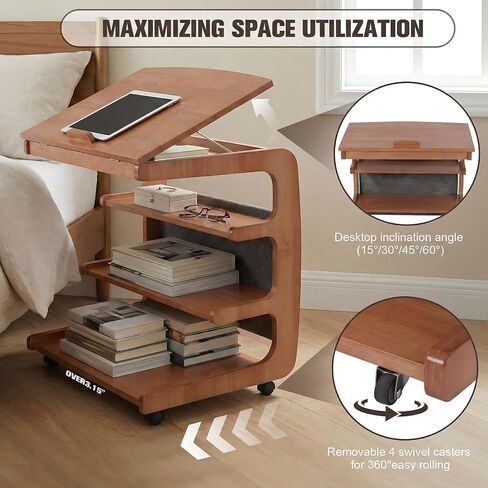 Multi-Layer Storage Rolling Side Table, C Shaped Couch End Table with Edge Stopper & Side Pocket, Mobile Wooden Bedside TV Tray Desk - 23.66" W*18.46" D*24.8" H in Kuwait
